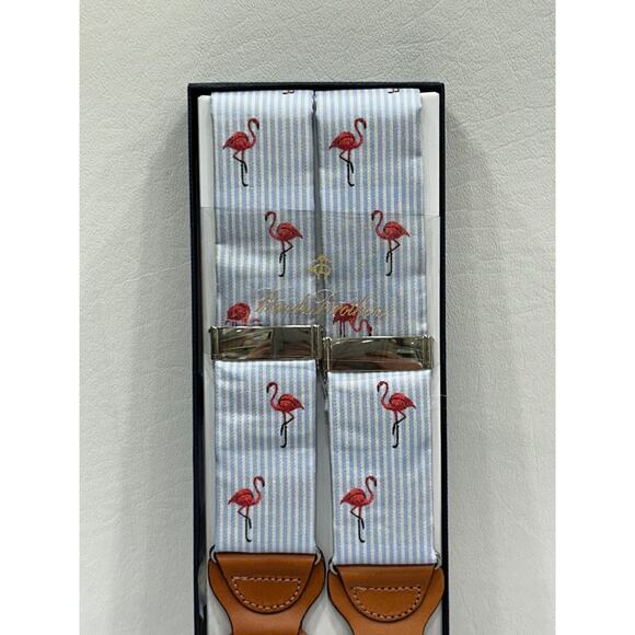 NEW Brooks Brothers Men's Silk Blue & White Striped Pink Flamingo Suspenders OS - Picture 2 of 6